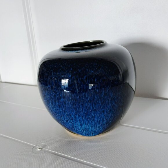 Japanese Blue Black Flambe Drip Glaze Vase 4.5" Vintage Japan Frogskin Pottery - Picture 9 of 11